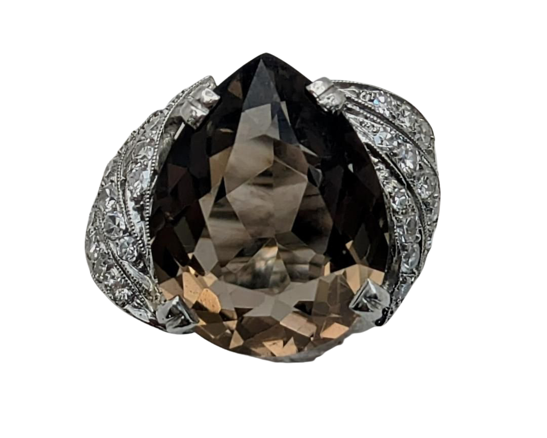 Smoky Quartz Cocktail Ring with Pave Diamond Accents - Platinum