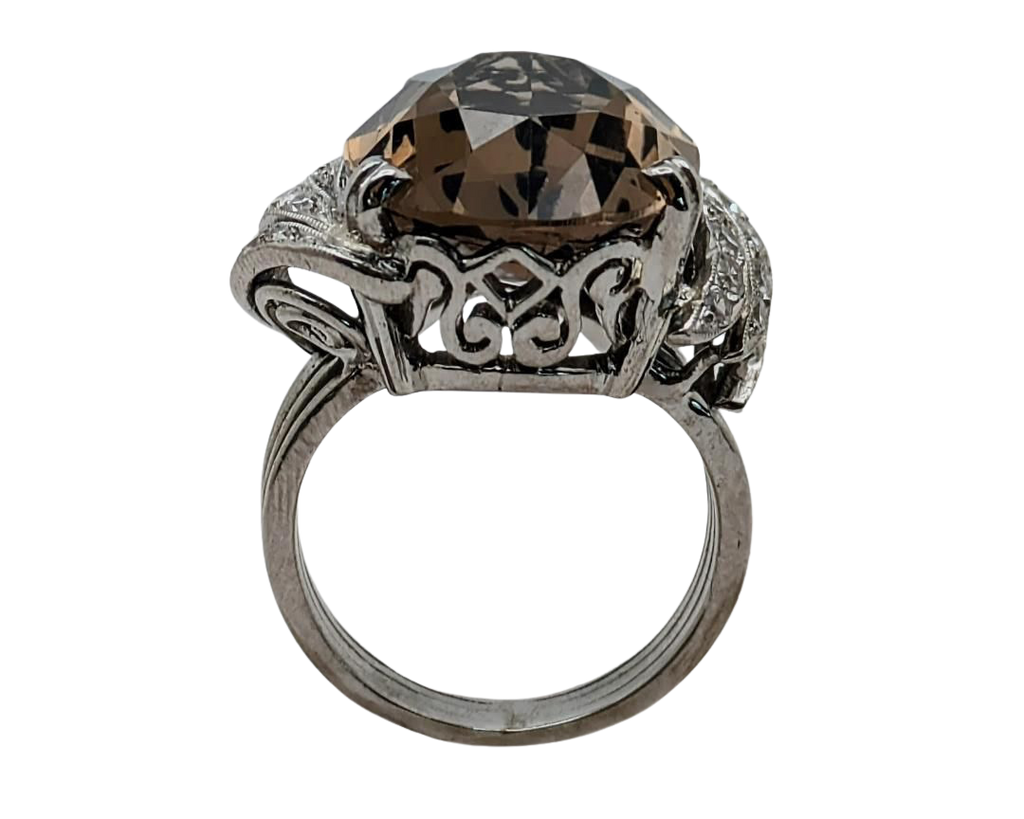 Smoky Quartz Cocktail Ring with Pave Diamond Accents - Platinum