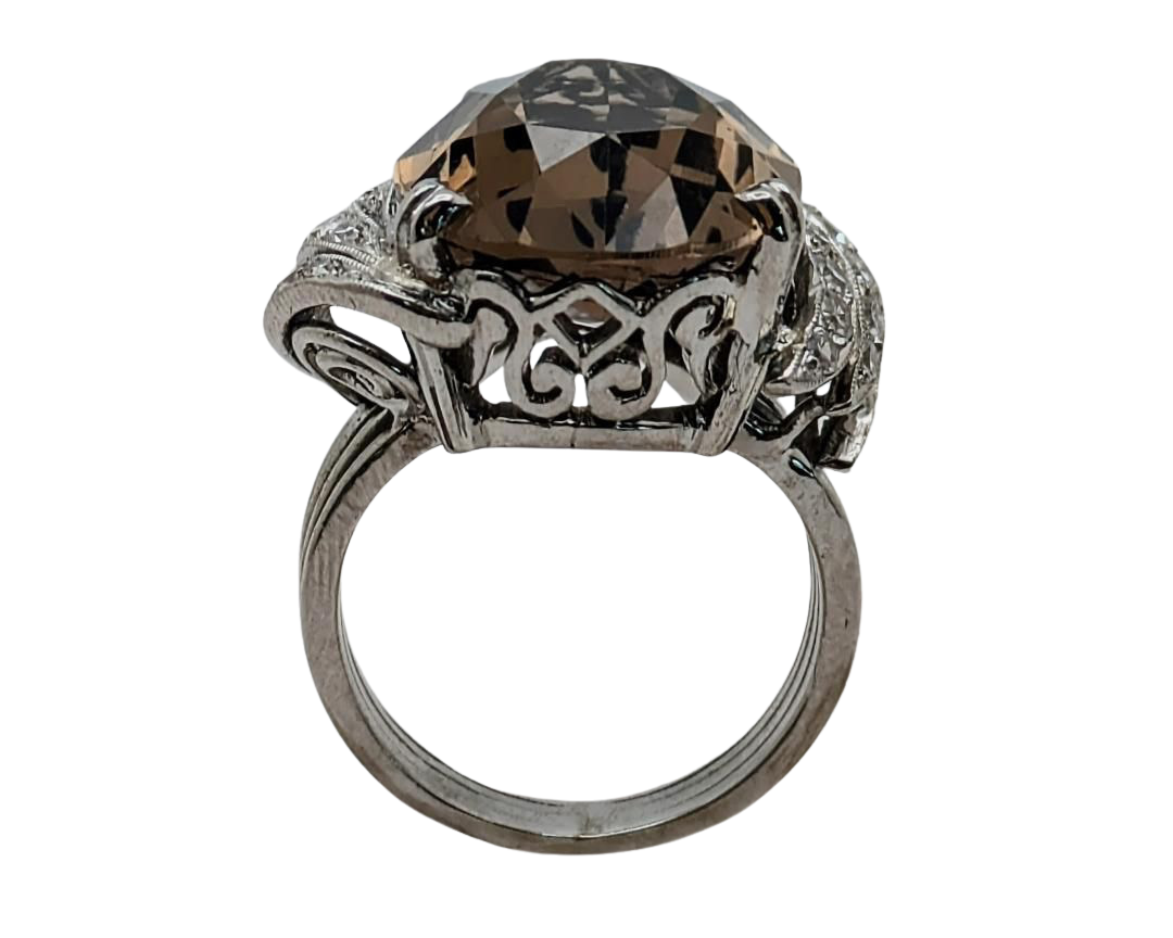 Smoky Quartz Cocktail Ring with Pave Diamond Accents - Platinum