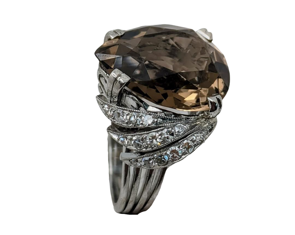 Smoky Quartz Cocktail Ring with Pave Diamond Accents - Platinum