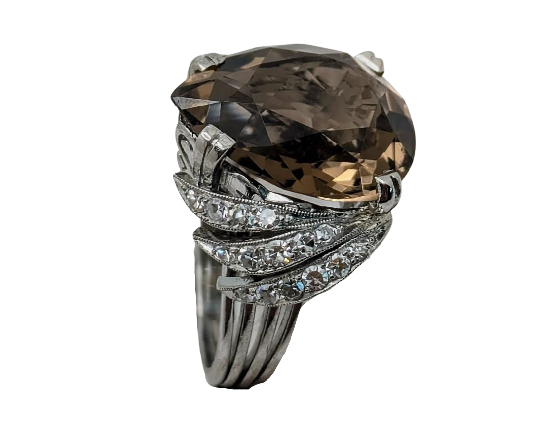 Smoky Quartz Cocktail Ring with Pave Diamond Accents - Platinum