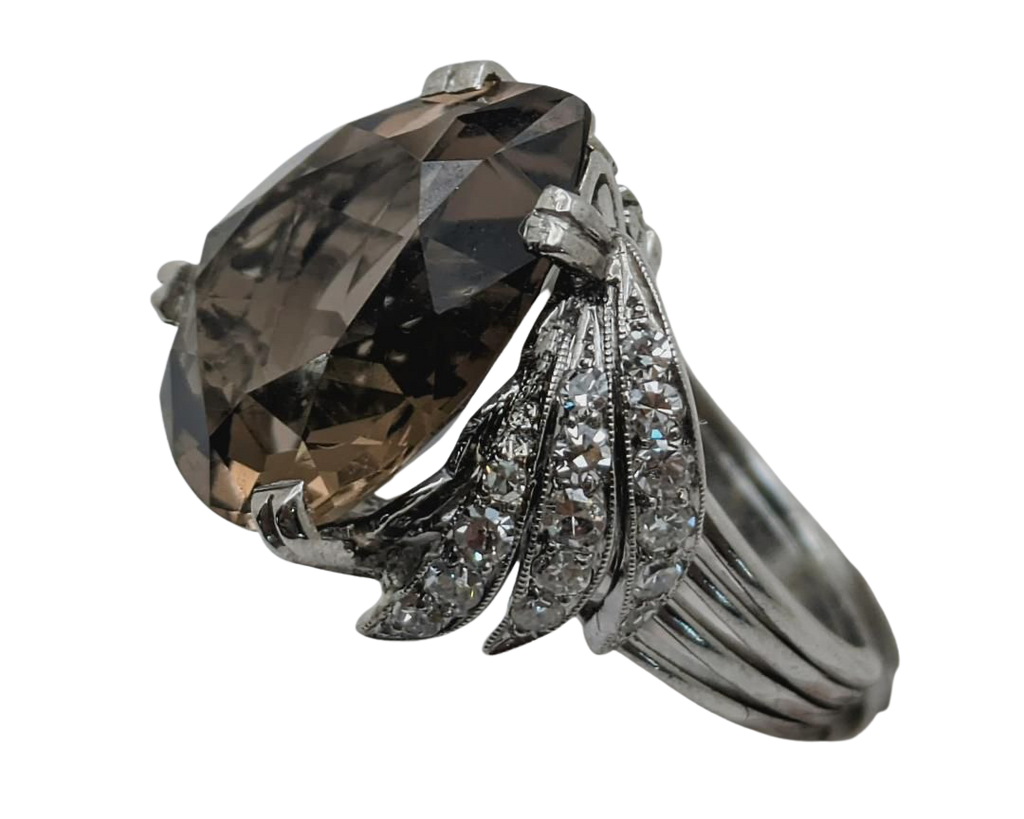 Smoky Quartz Cocktail Ring with Pave Diamond Accents - Platinum