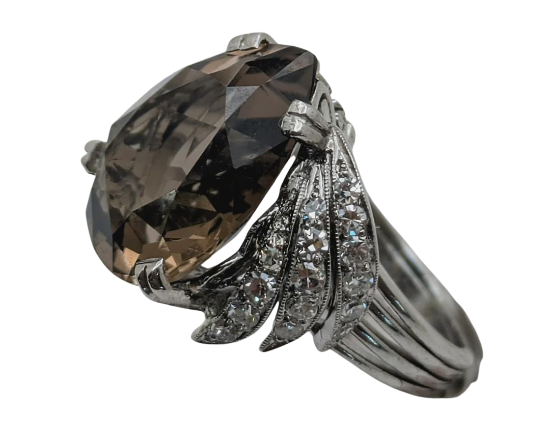 Smoky Quartz Cocktail Ring with Pave Diamond Accents - Platinum