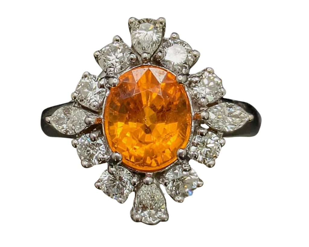 Spessertite Garnet Ring with Fancy Diamond Halo - White Gold