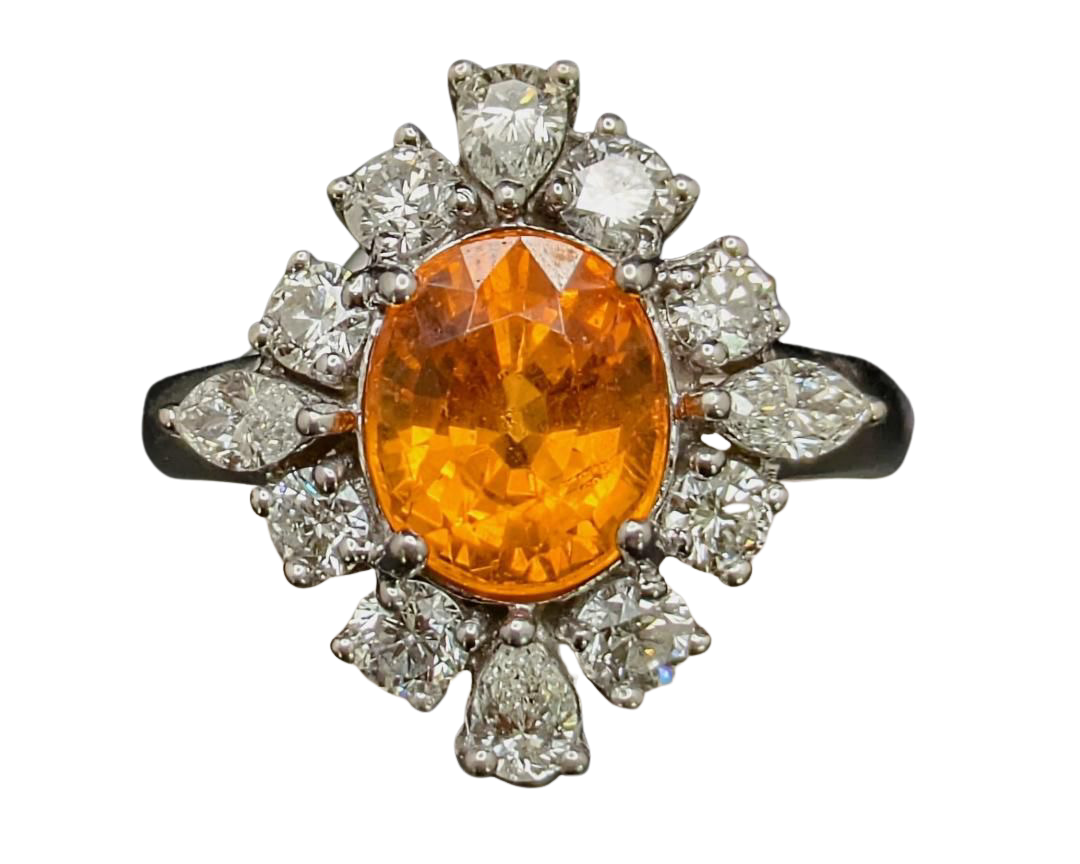 Spessertite Garnet Ring with Fancy Diamond Halo - White Gold