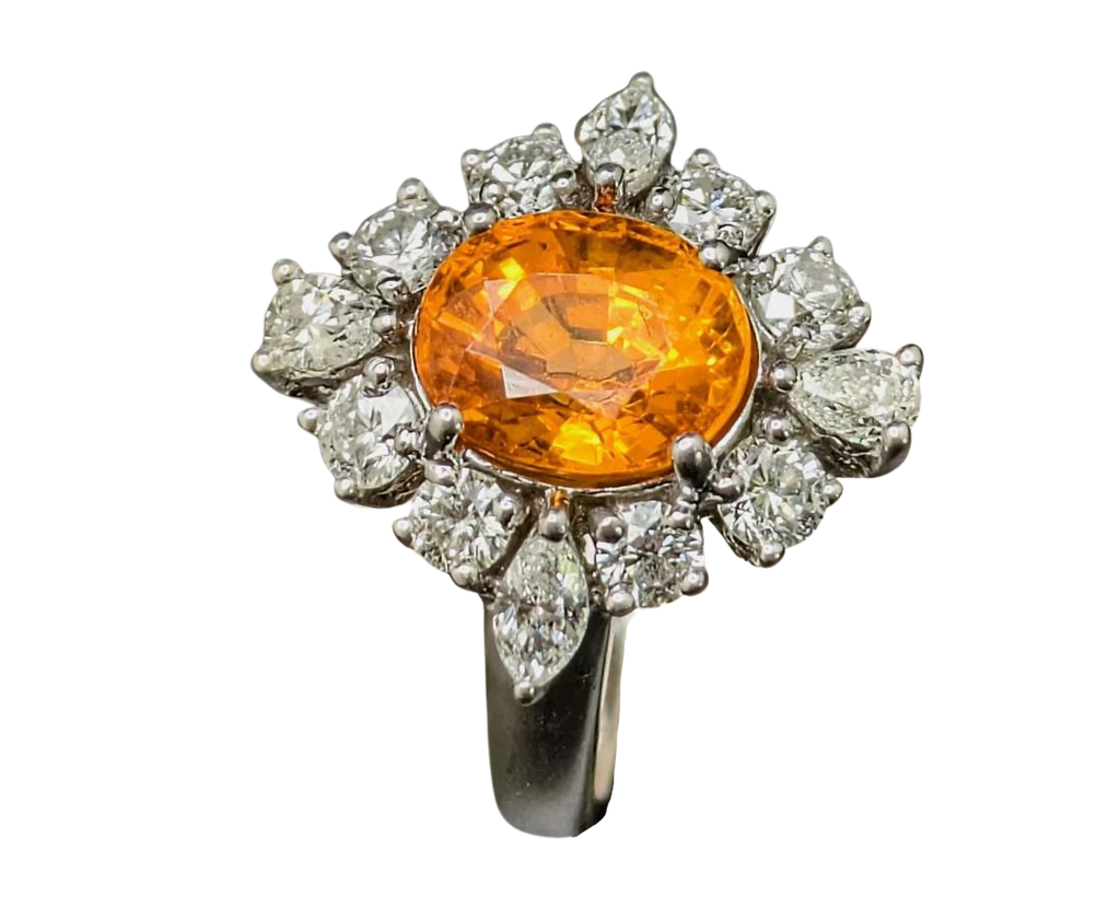 Spessertite Garnet Ring with Fancy Diamond Halo - White Gold