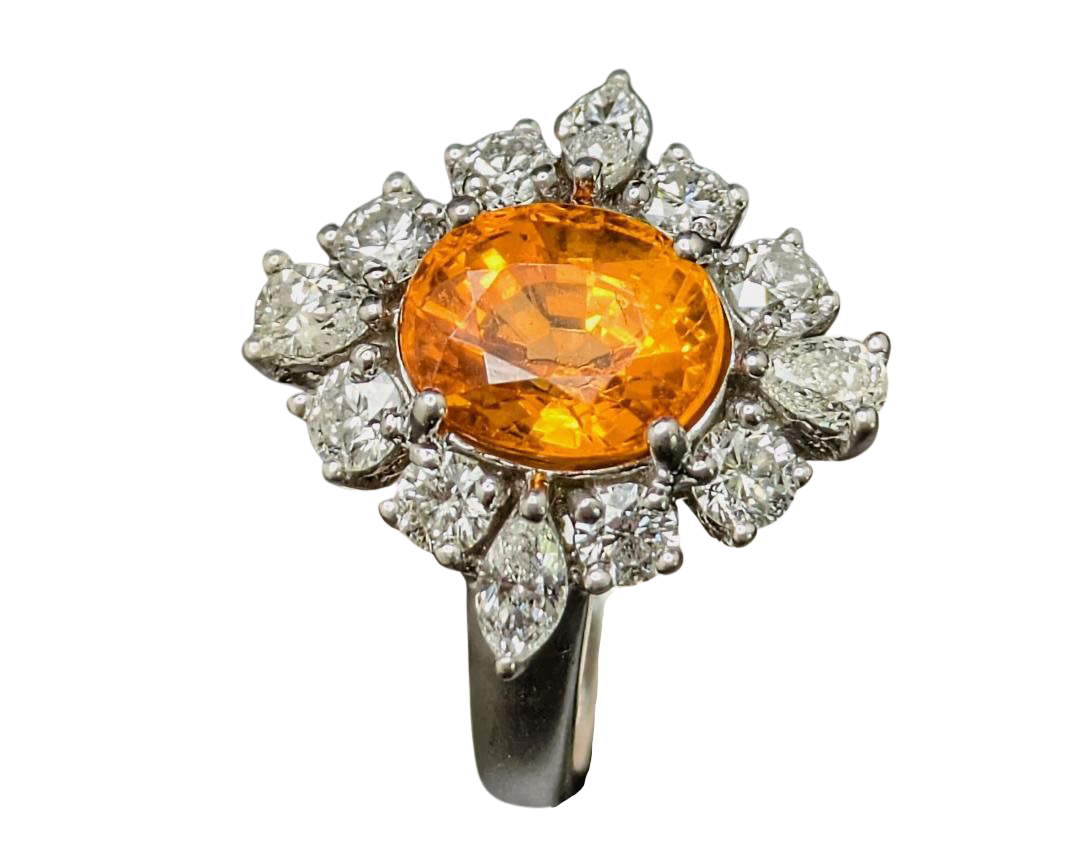 Spessertite Garnet Ring with Fancy Diamond Halo - White Gold