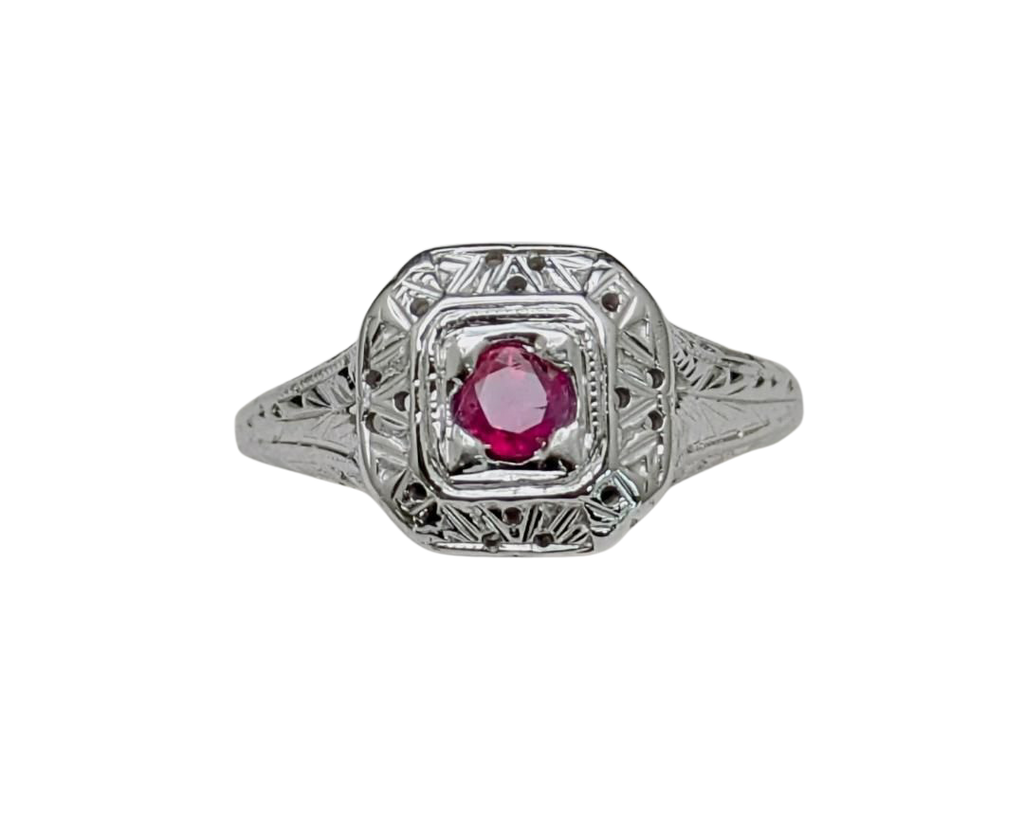 Engraved Art Deco Style Ruby Ring - White Gold