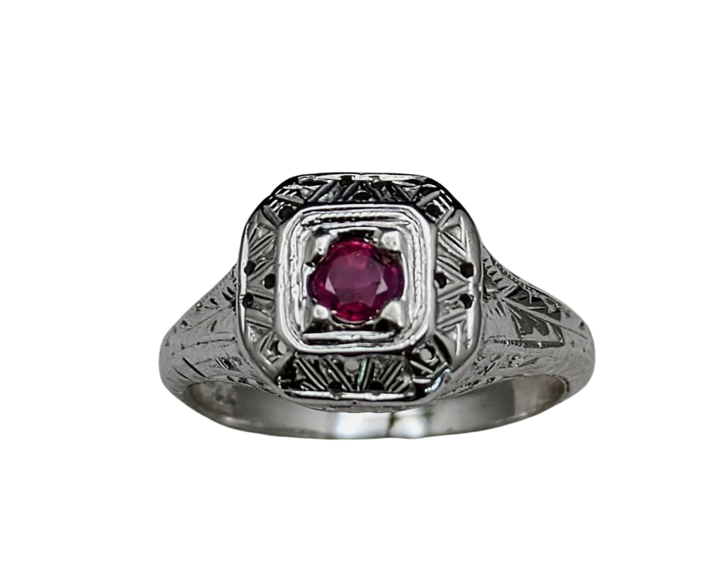 Engraved Art Deco Style Ruby Ring - White Gold
