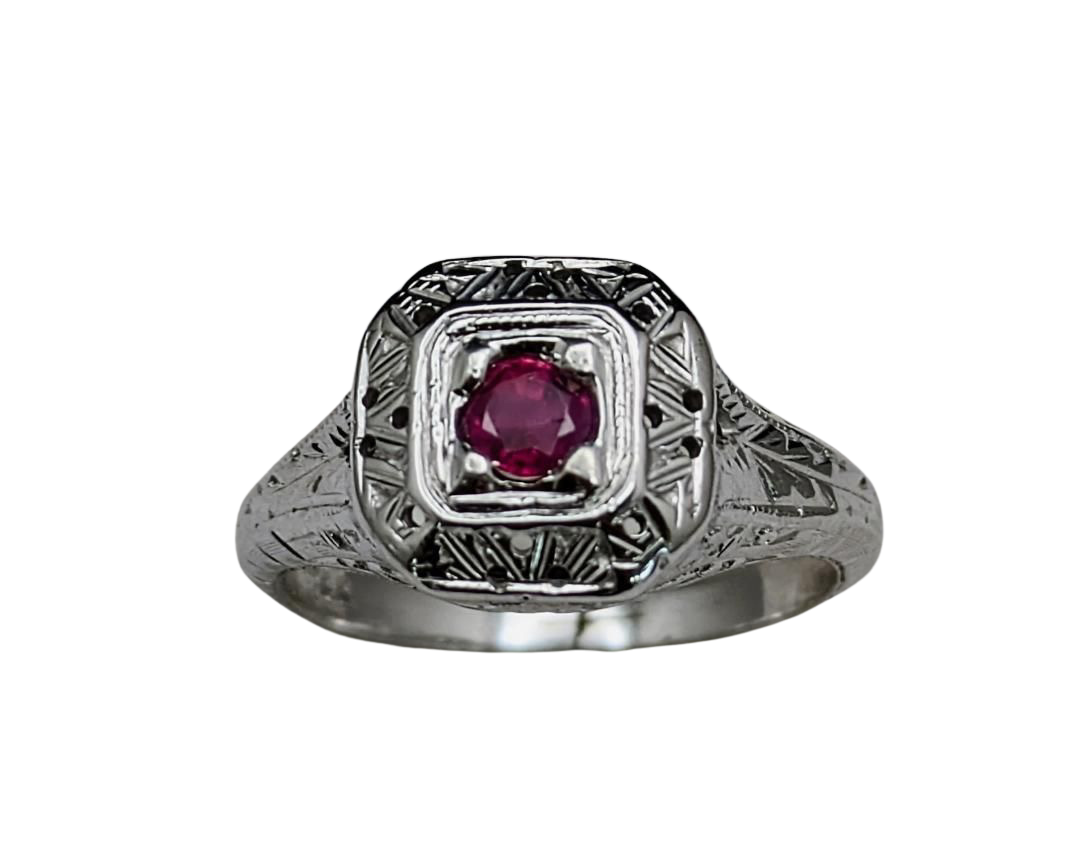 Engraved Art Deco Style Ruby Ring - White Gold
