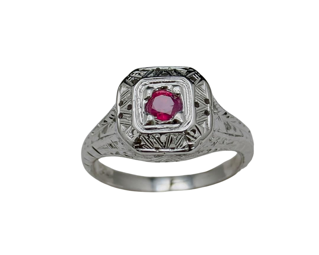 Engraved Art Deco Style Ruby Ring - White Gold