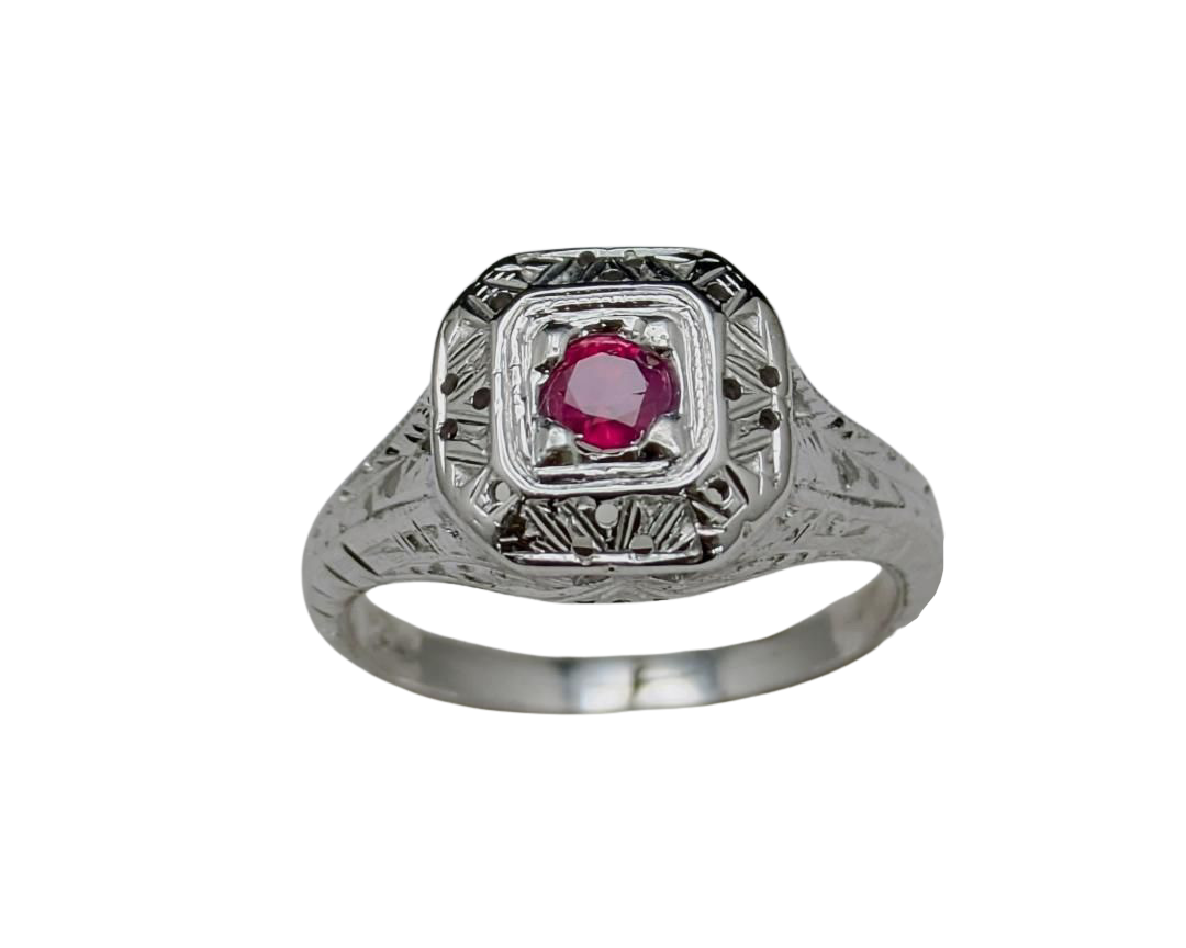 Engraved Art Deco Style Ruby Ring - White Gold
