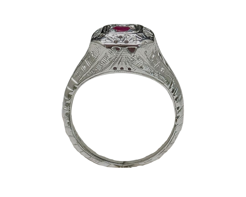Engraved Art Deco Style Ruby Ring - White Gold