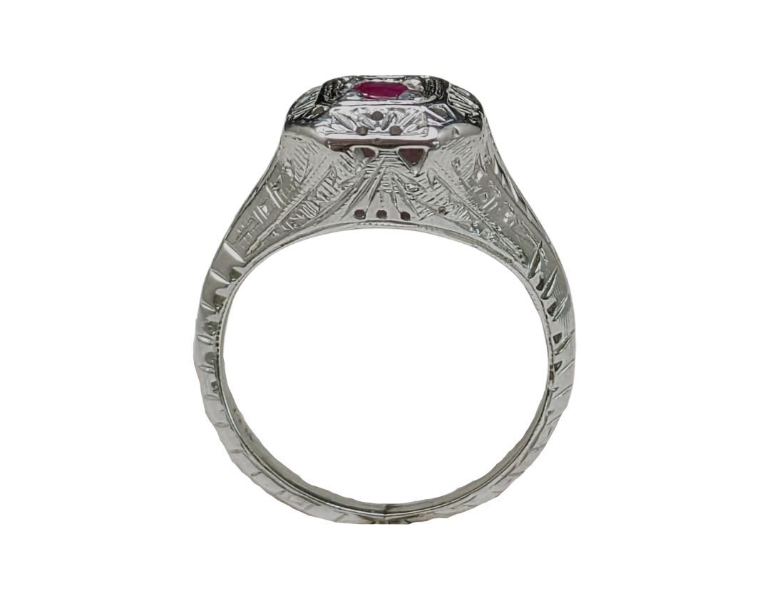 Engraved Art Deco Style Ruby Ring - White Gold