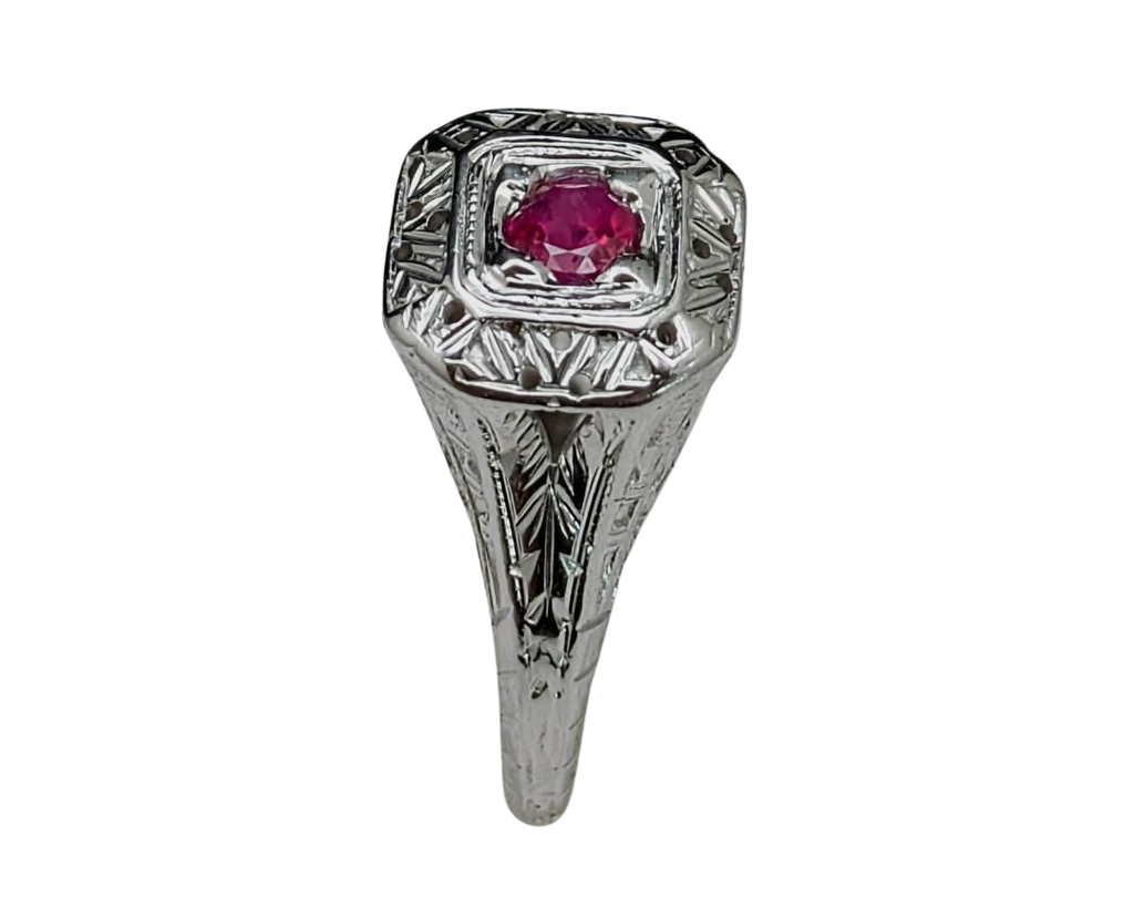 Engraved Art Deco Style Ruby Ring - White Gold