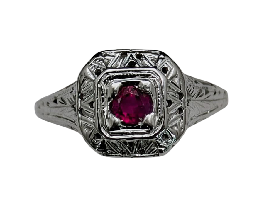 Engraved Art Deco Style Ruby Ring - White Gold