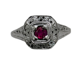 Engraved Art Deco Style Ruby Ring - White Gold