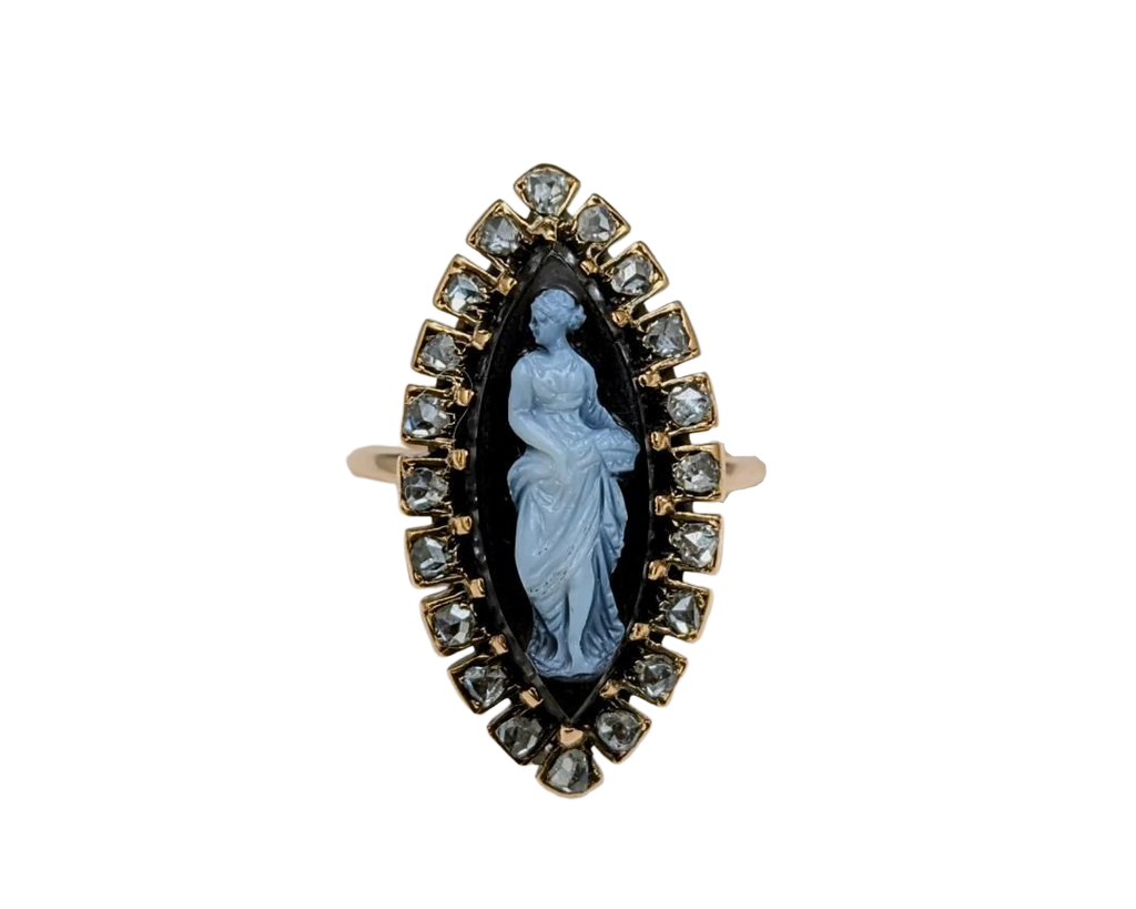 Victorian Era Agate Cameo Ring with Diamond Halo - Yellow Gold