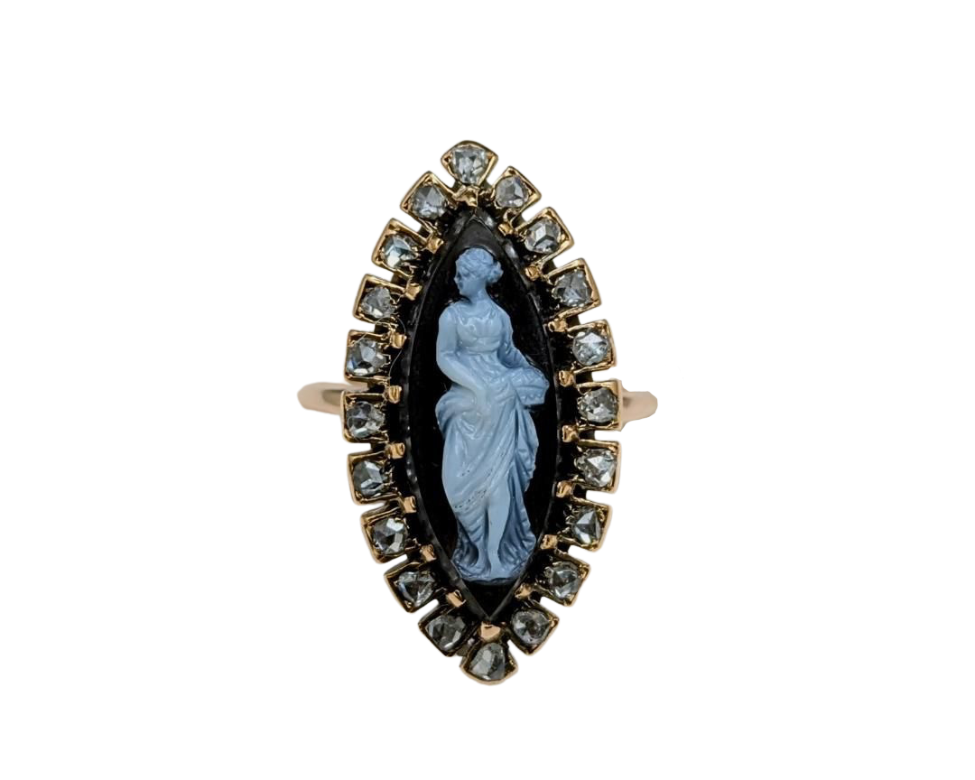 Victorian Era Agate Cameo Ring with Diamond Halo - Yellow Gold