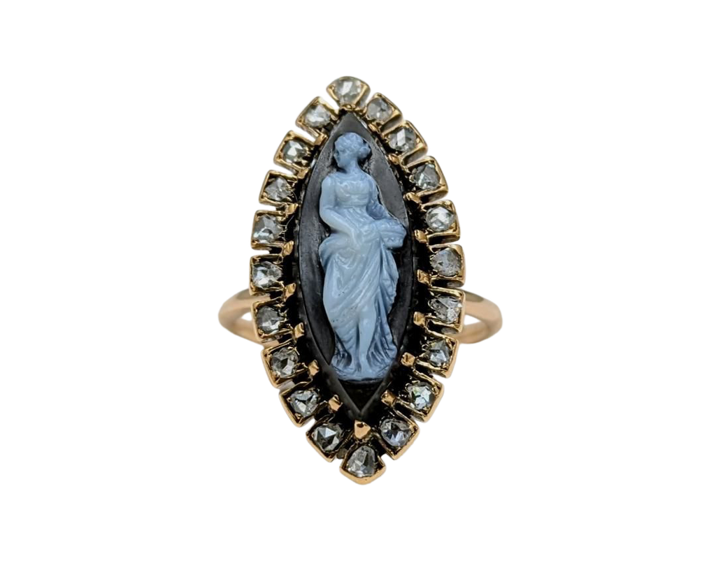 Victorian Era Agate Cameo Ring with Diamond Halo - Yellow Gold