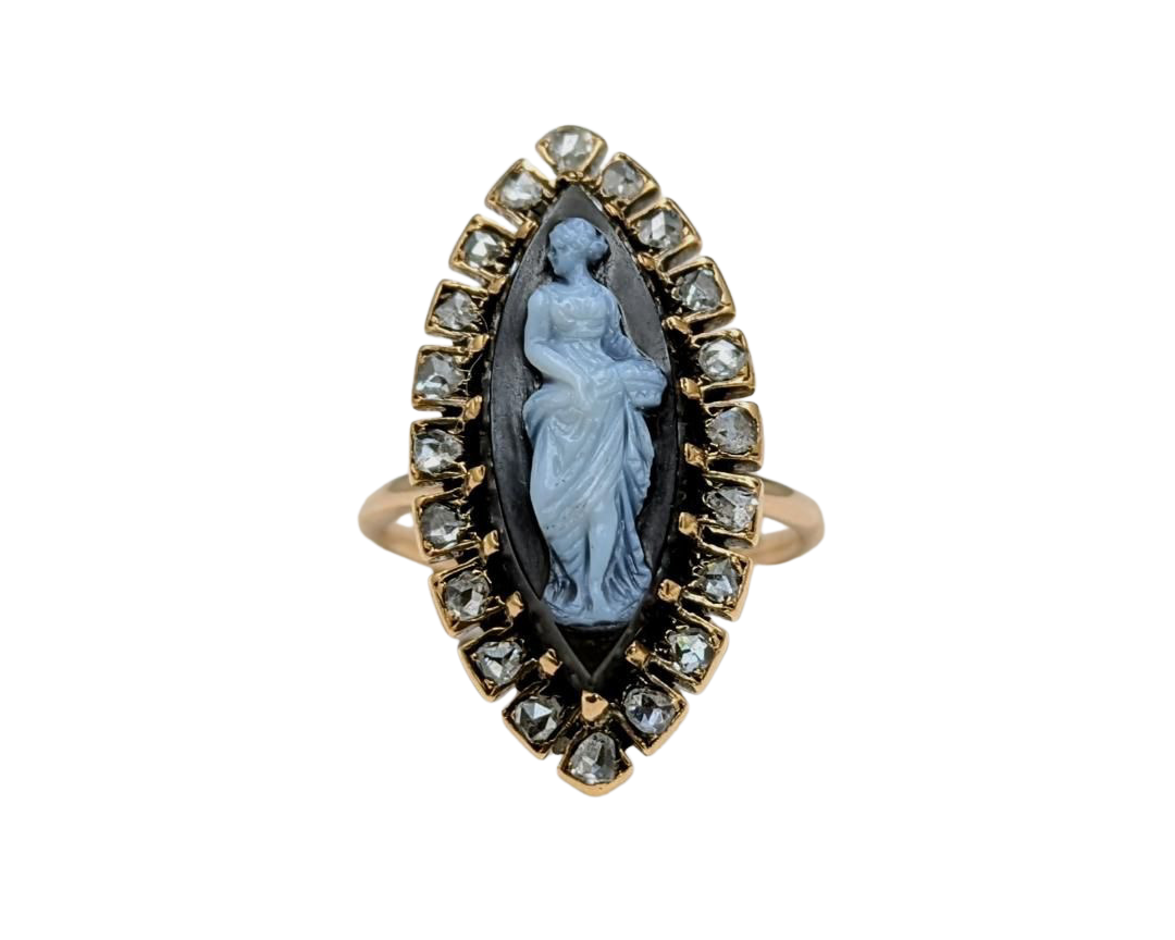 Victorian Era Agate Cameo Ring with Diamond Halo - Yellow Gold