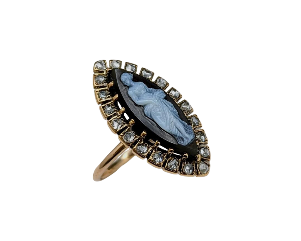 Victorian Era Agate Cameo Ring with Diamond Halo - Yellow Gold