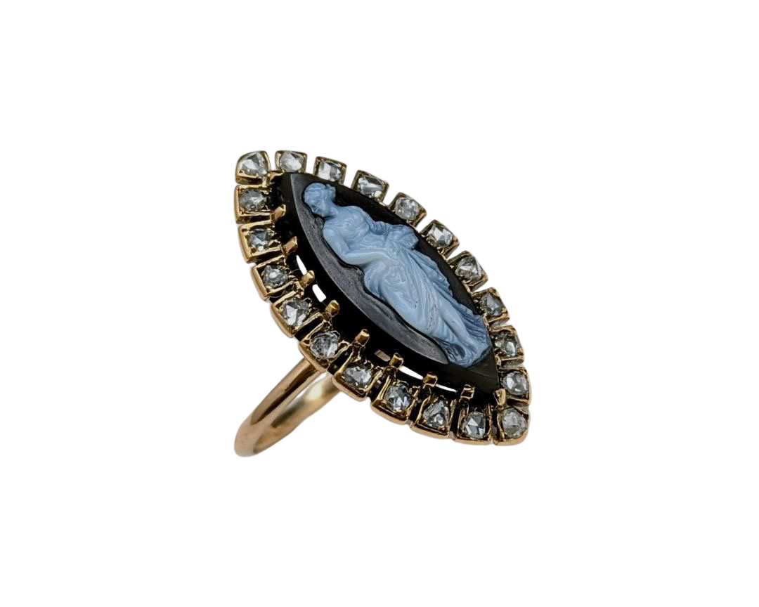 Victorian Era Agate Cameo Ring with Diamond Halo - Yellow Gold