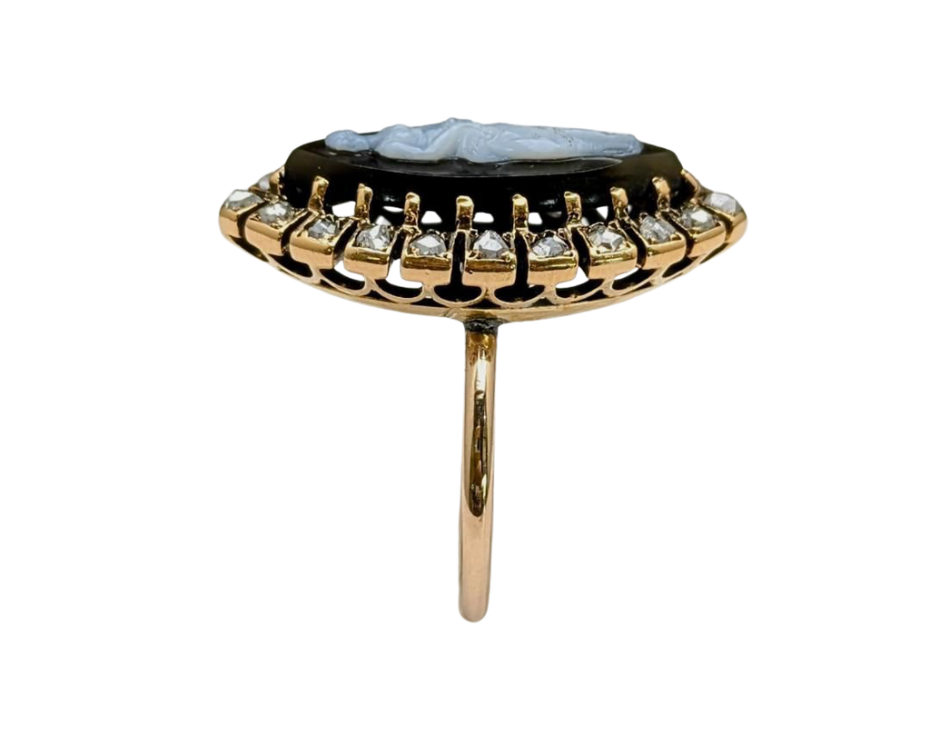Victorian Era Agate Cameo Ring with Diamond Halo - Yellow Gold