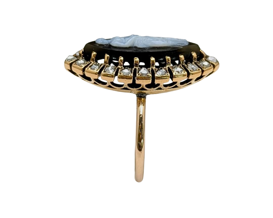 Victorian Era Agate Cameo Ring with Diamond Halo - Yellow Gold