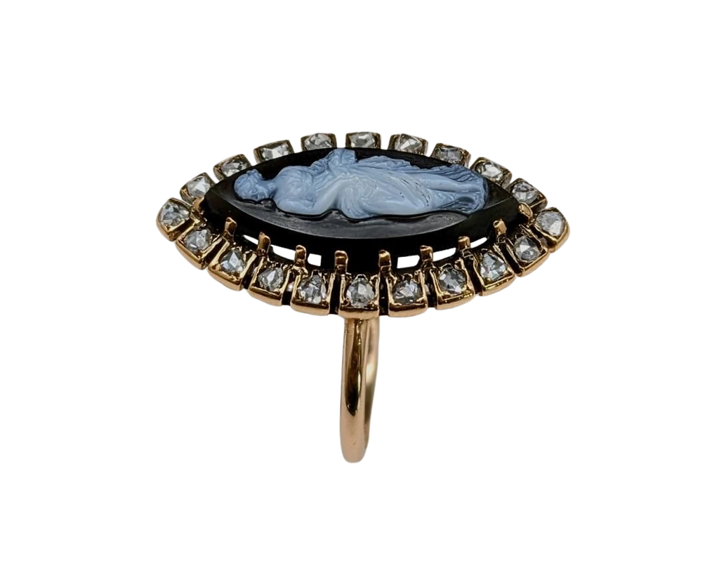 Victorian Era Agate Cameo Ring with Diamond Halo - Yellow Gold