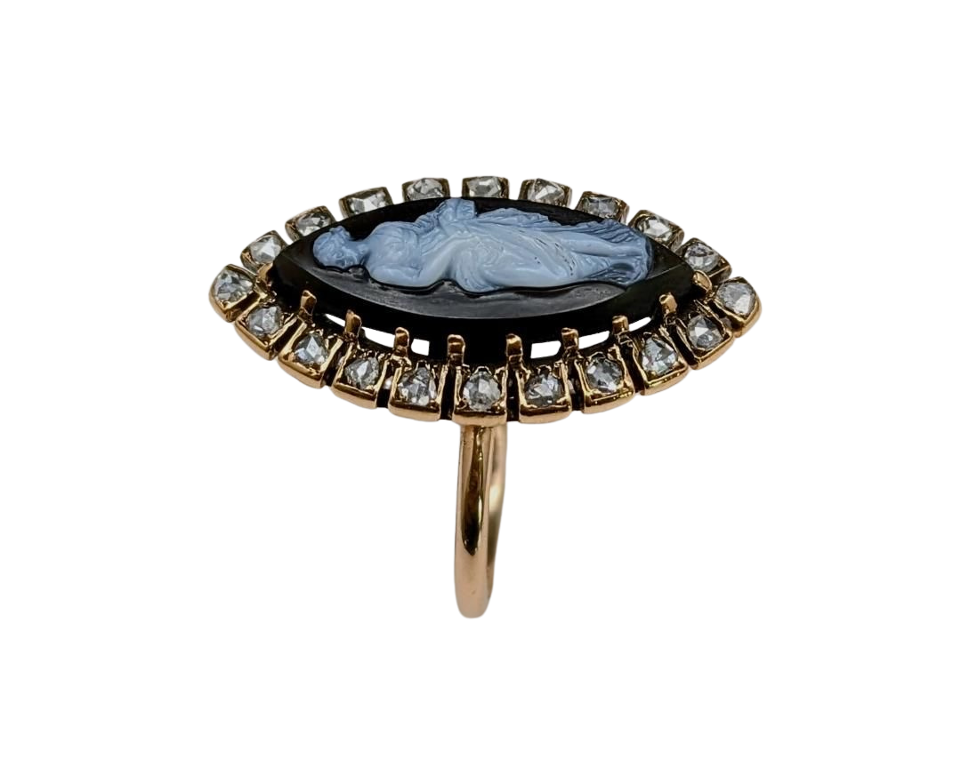 Victorian Era Agate Cameo Ring with Diamond Halo - Yellow Gold