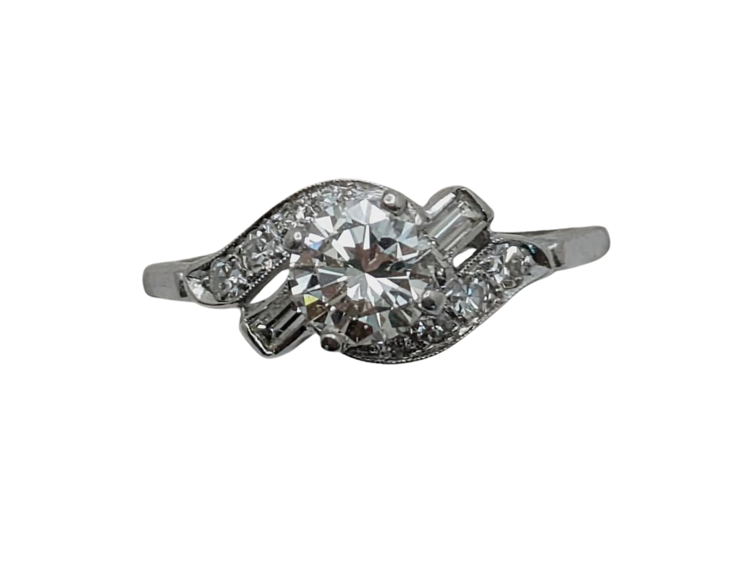 Mid-Century Era Wedding Set with Contoured Band - White Gold