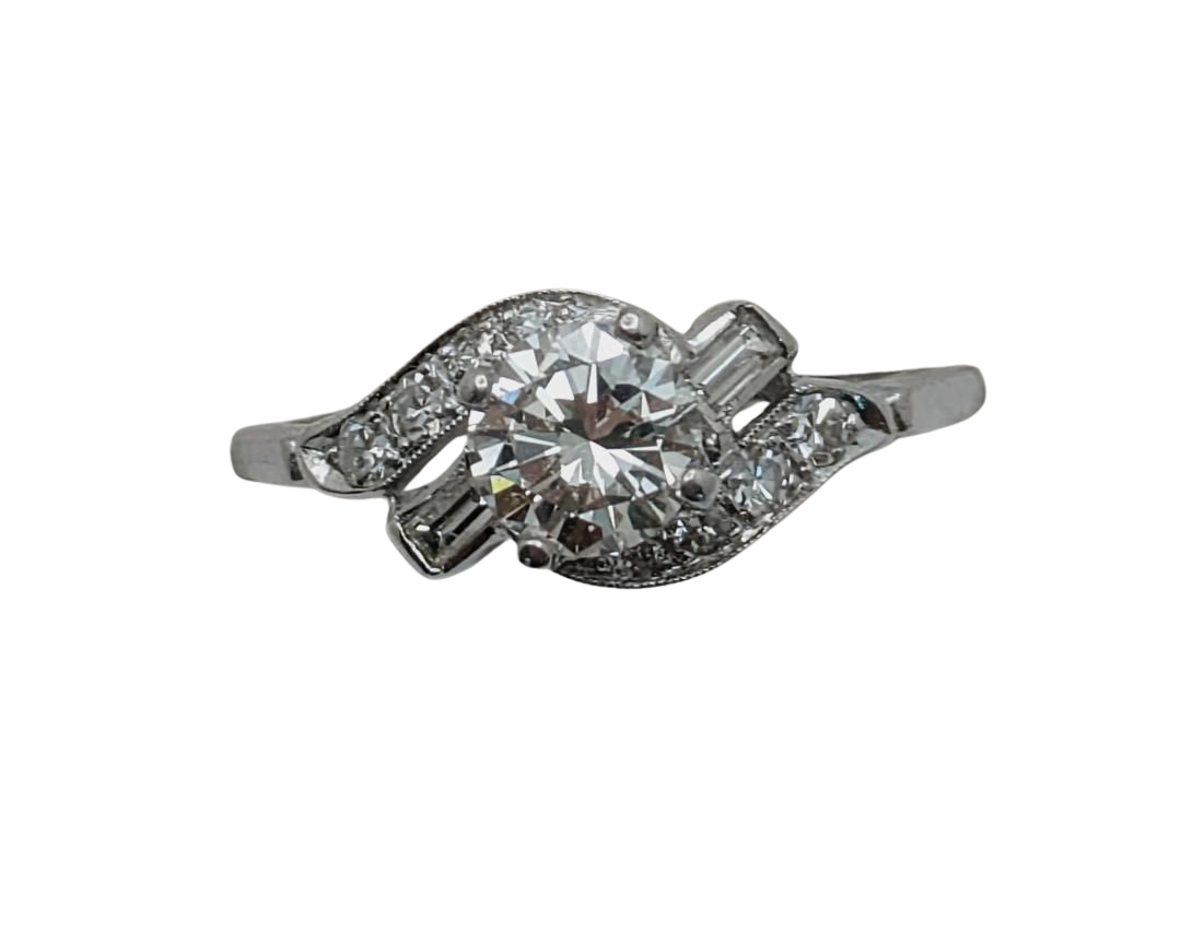 Mid-Century Era Wedding Set with Contoured Band - White Gold