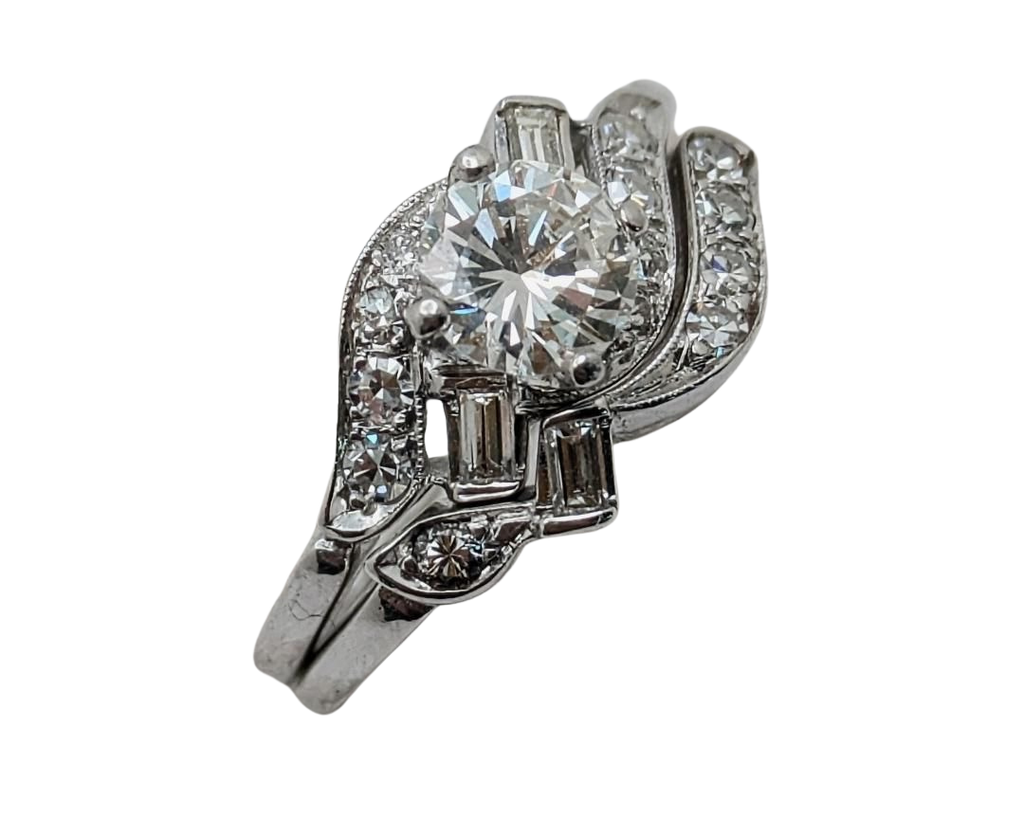 Mid-Century Era Wedding Set with Contoured Band - White Gold