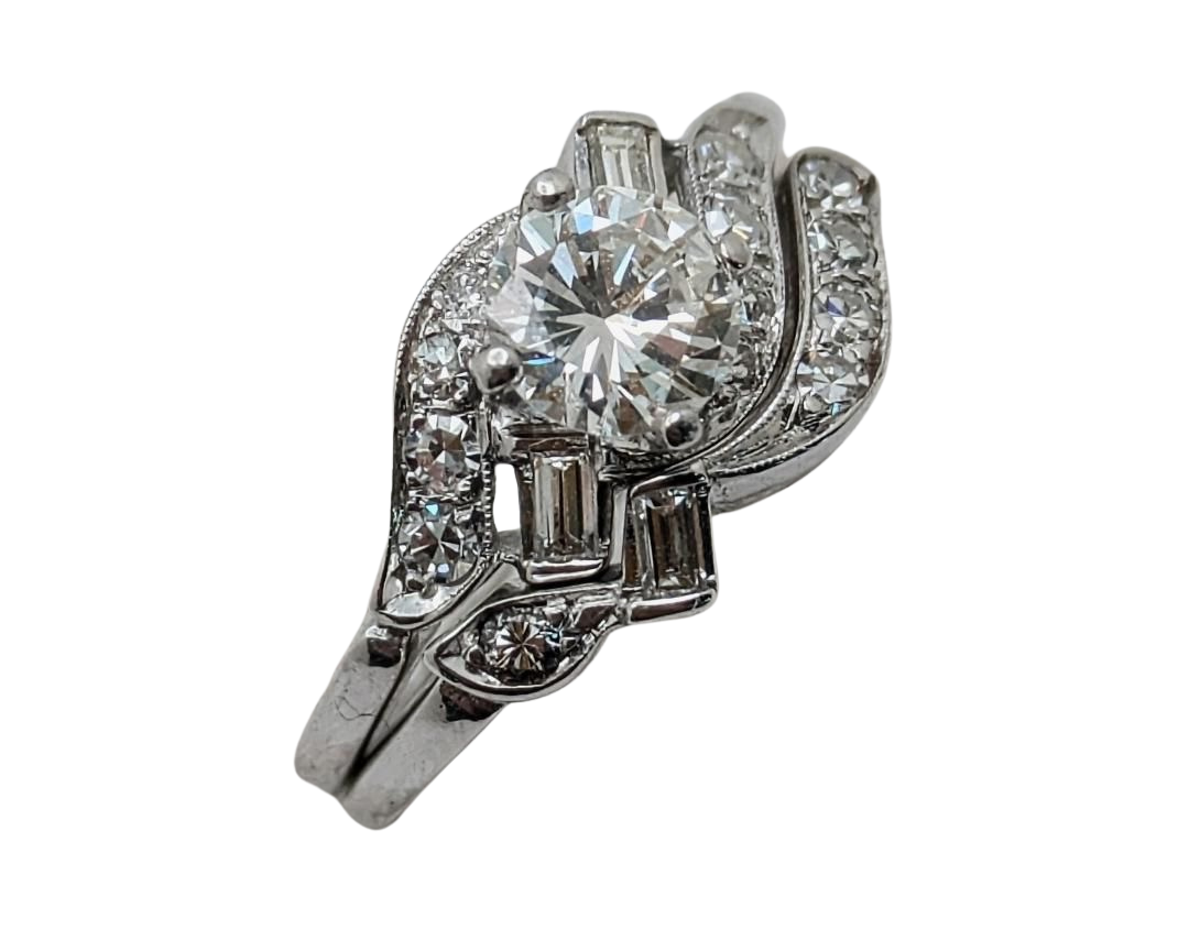 Mid-Century Era Wedding Set with Contoured Band - White Gold