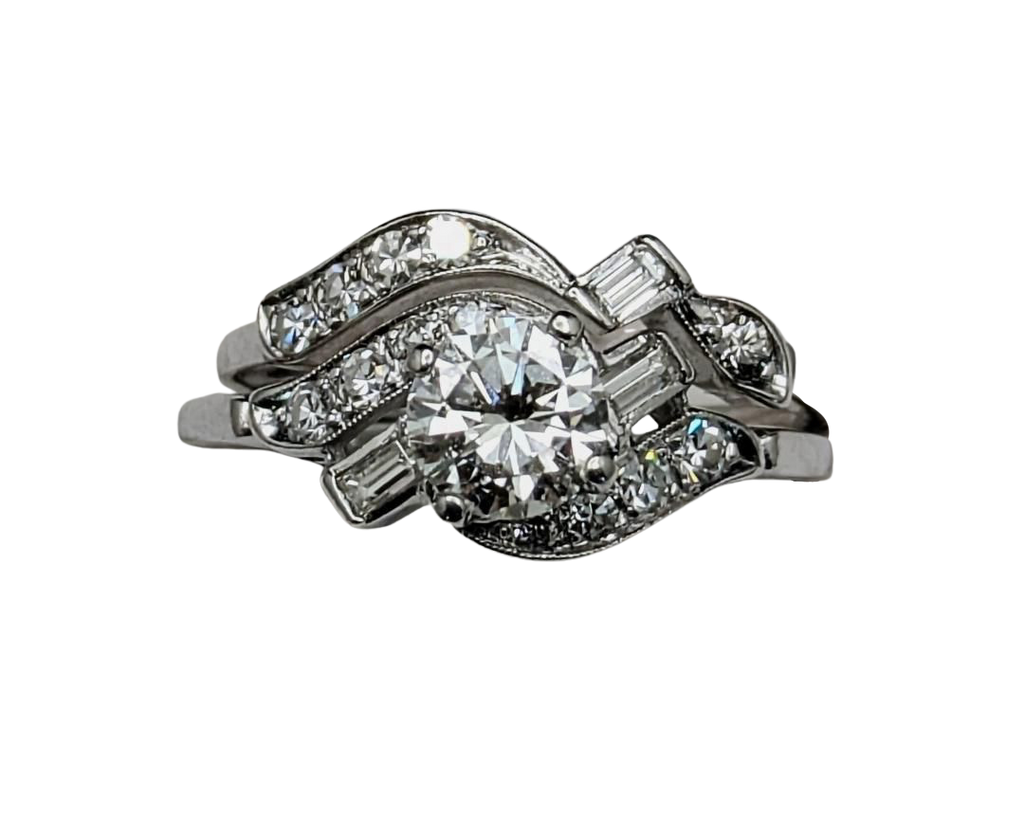 Mid-Century Era Wedding Set with Contoured Band - White Gold