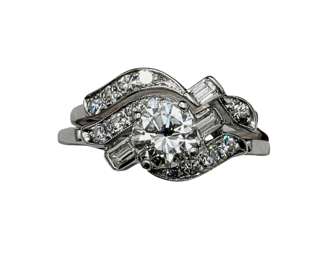 Mid-Century Era Wedding Set with Contoured Band - White Gold