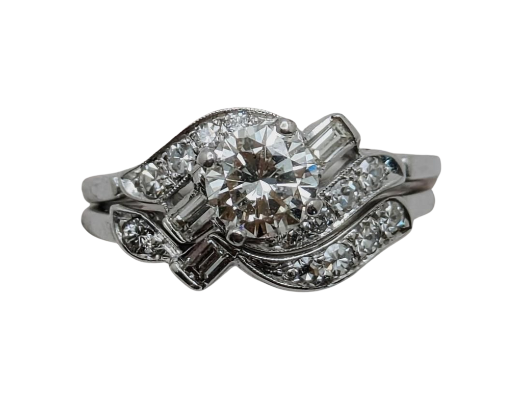Mid-Century Era Wedding Set with Contoured Band - White Gold