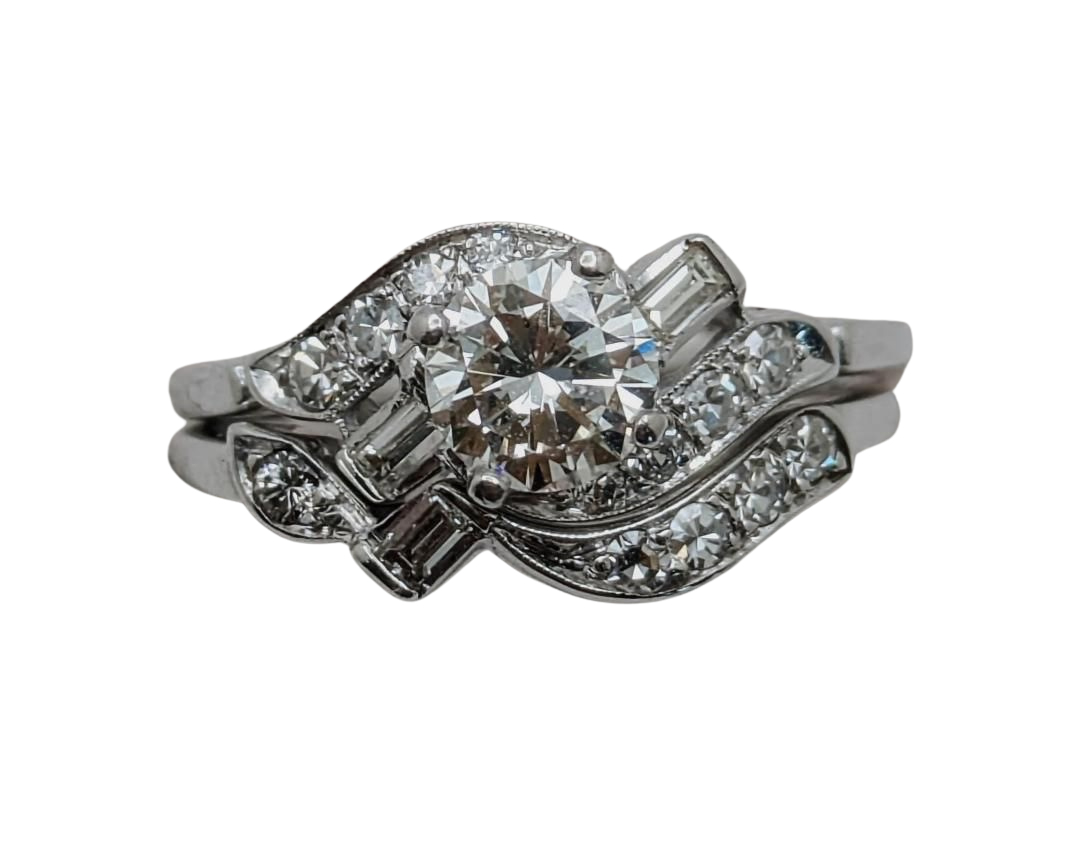 Mid-Century Era Wedding Set with Contoured Band - White Gold