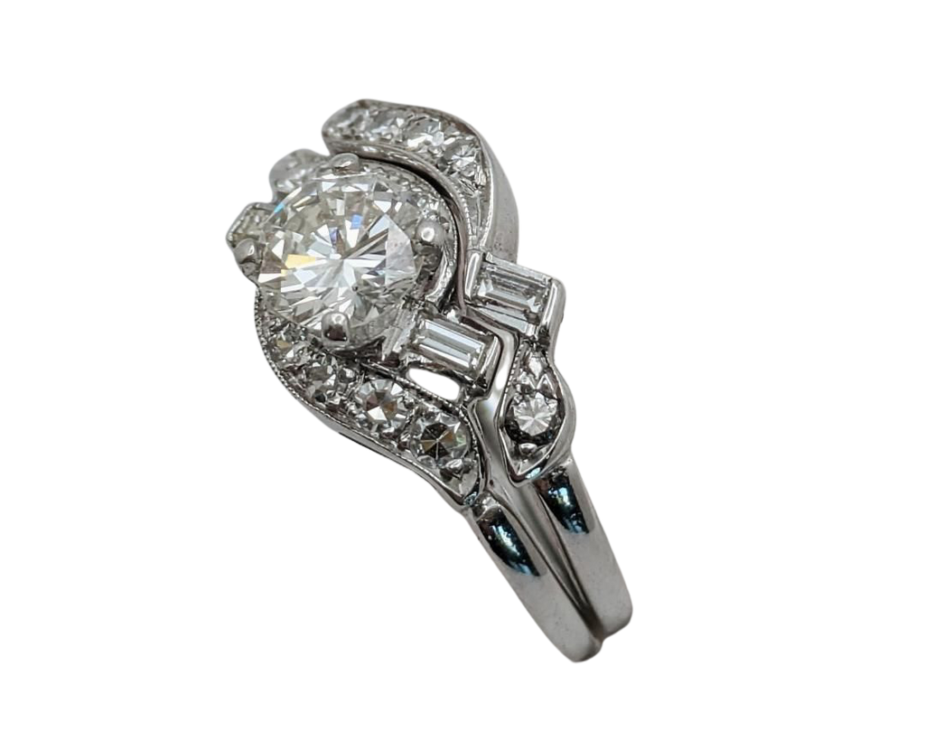 Mid-Century Era Wedding Set with Contoured Band - White Gold