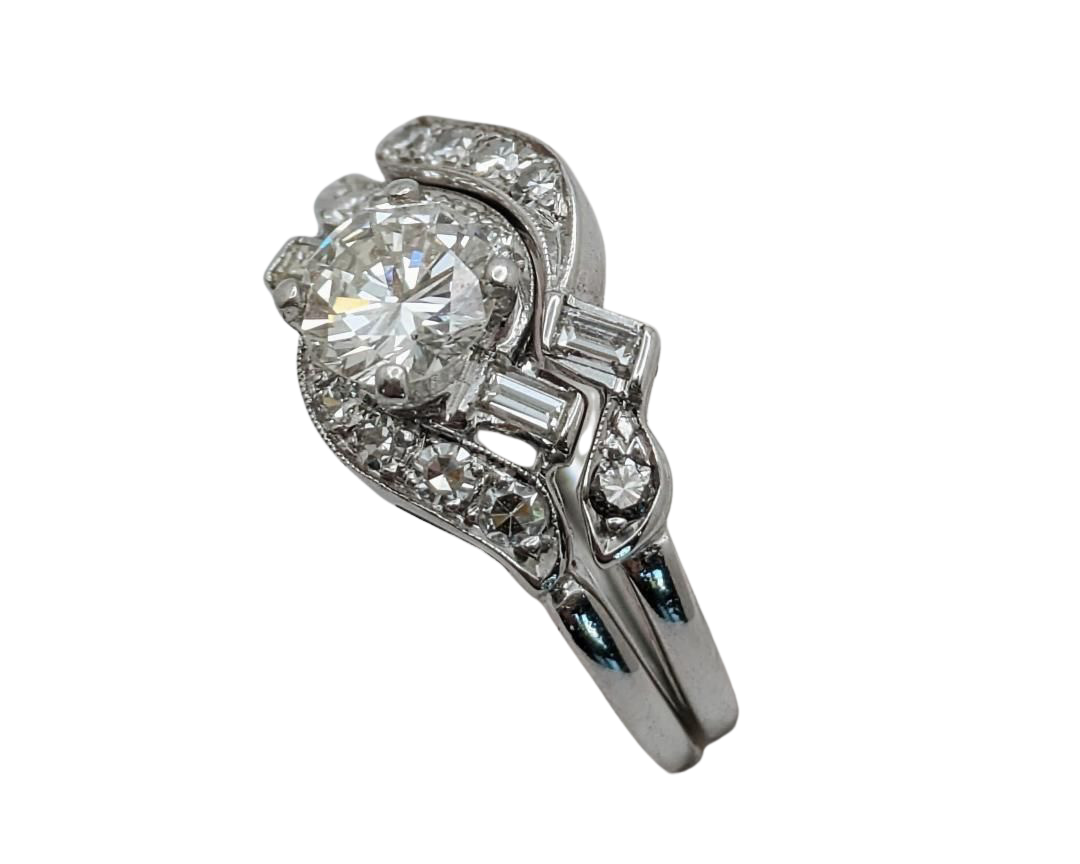 Mid-Century Era Wedding Set with Contoured Band - White Gold
