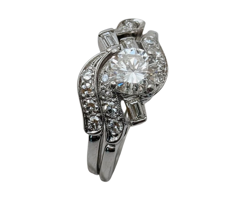 Mid-Century Era Wedding Set with Contoured Band - White Gold