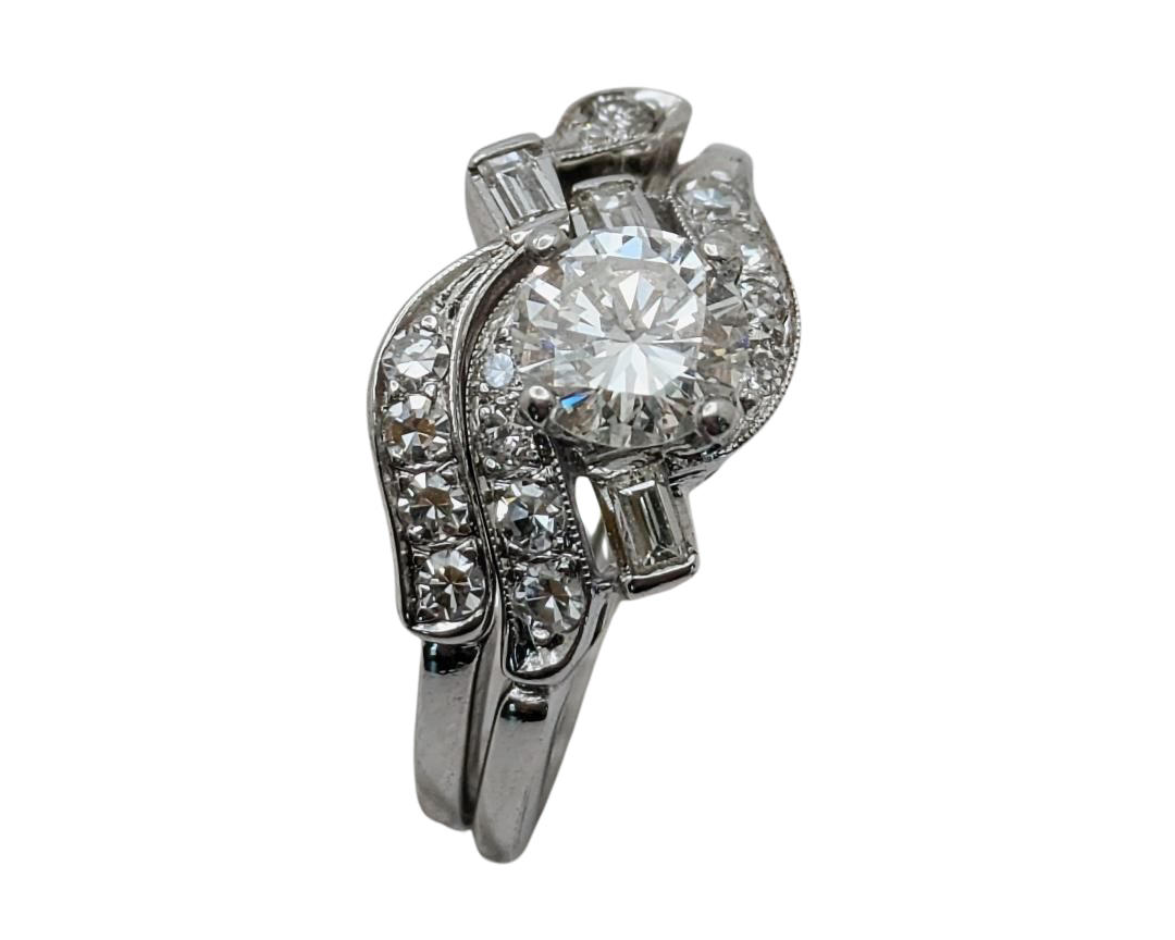 Mid-Century Era Wedding Set with Contoured Band - White Gold