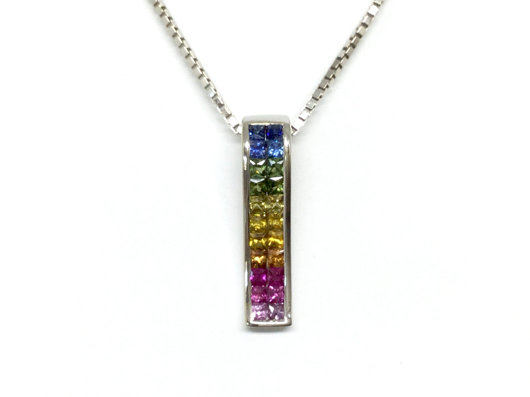 Rainbow Sapphire Bar Pendant - White Gold
