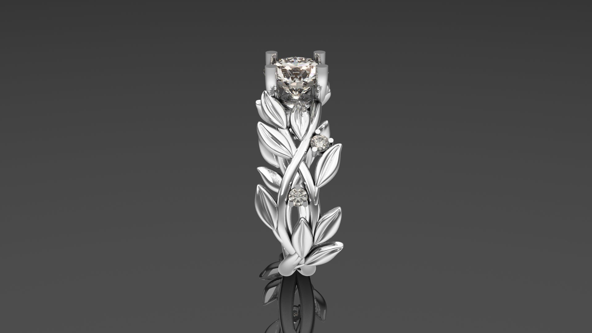 Diamond Leaf Ring with Emerald Accents - White Gold