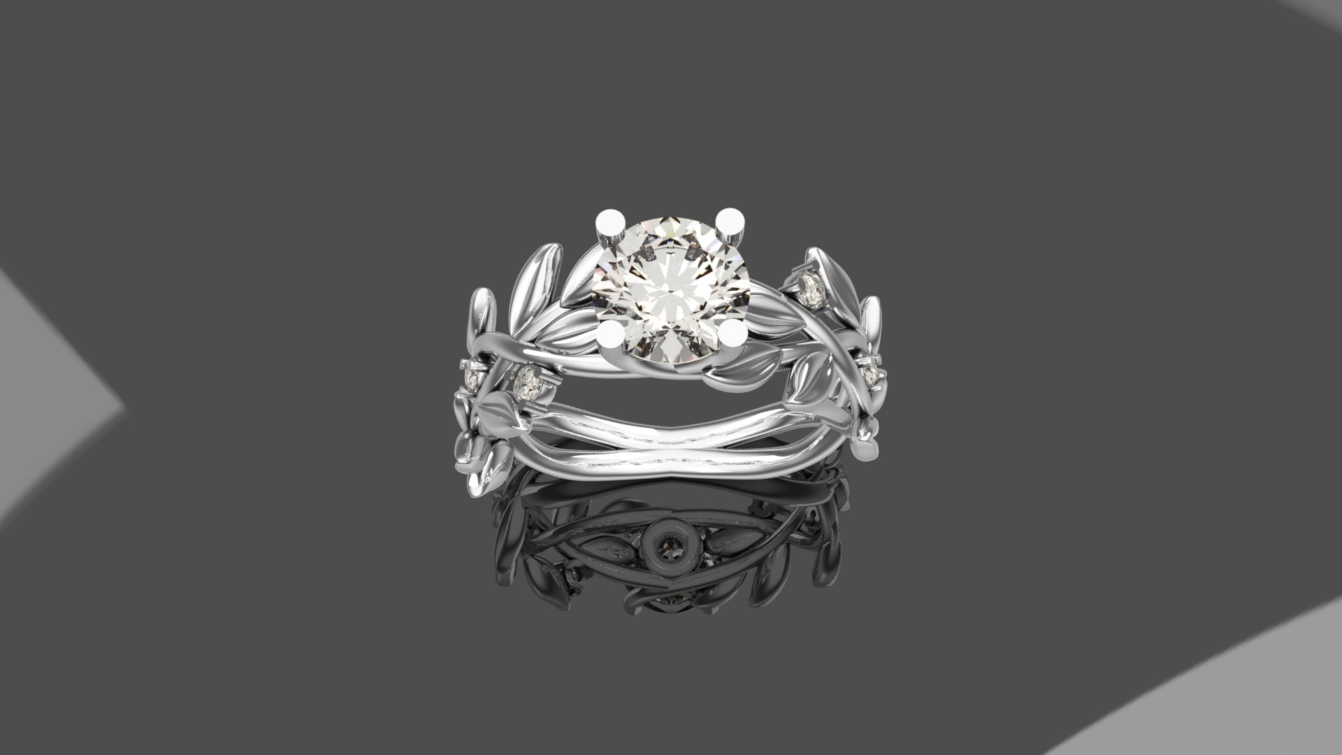 Diamond Leaf Ring with Emerald Accents - White Gold