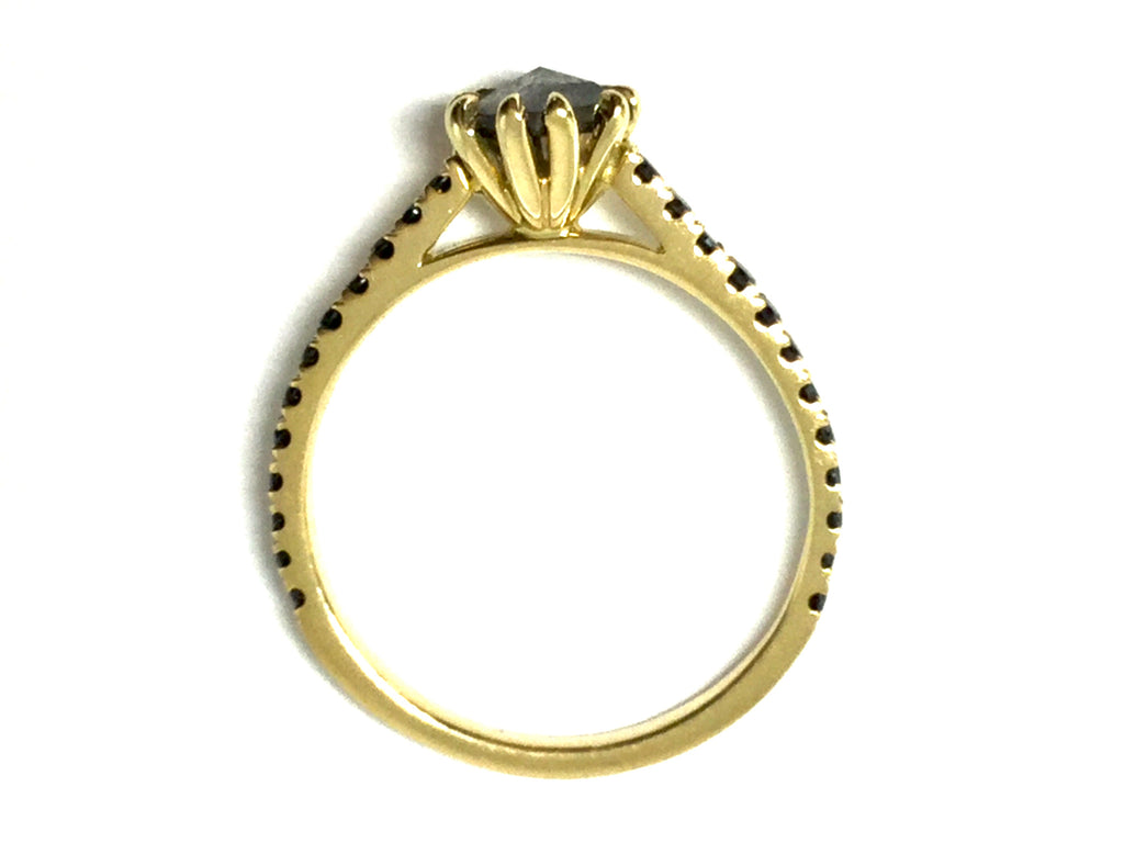 Pentagon Shape Diamond Ring with Black Diamond Accents - Yellow Gold