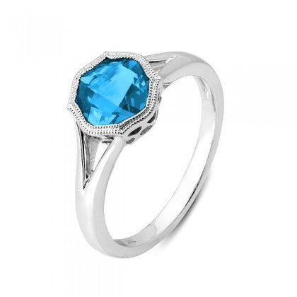 Blue Topaz Split Shank Ring - White Gold