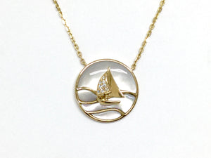 Sailboat Necklace w/ Diamonds and Mother of Pearl - Yellow Gold