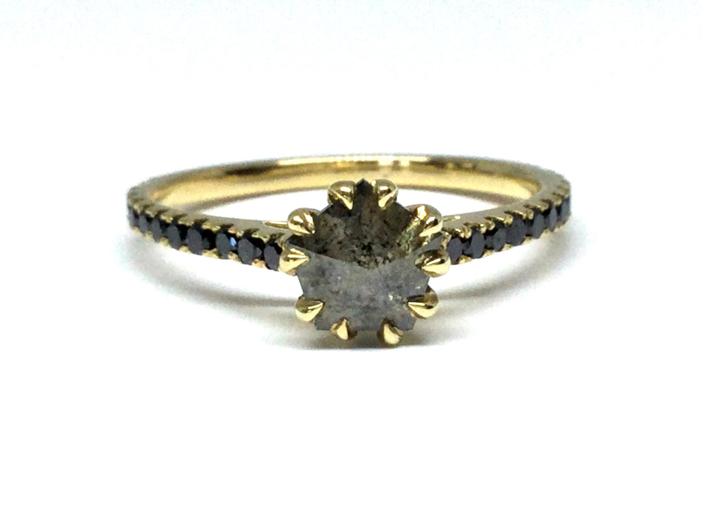 Pentagon Shape Diamond Ring with Black Diamond Accents - Yellow Gold